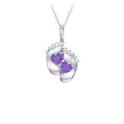 Engravable Baby Feet Two Stone Pendant in 925 Sterling Silver with Amethyst