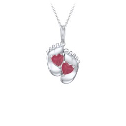 Engravable Baby Feet Two Stone Pendant in 925 Sterling Silver with Ruby