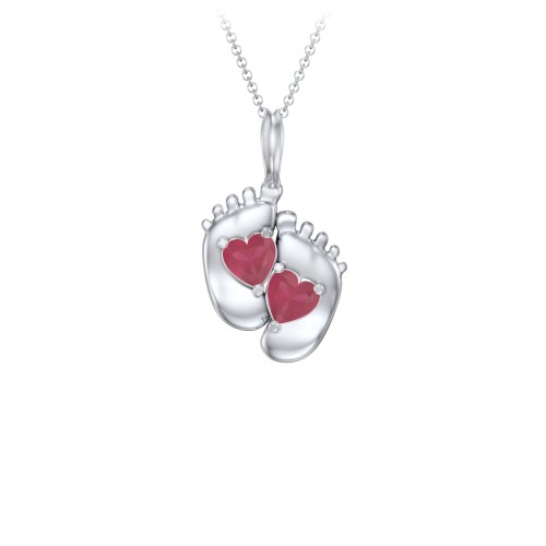 Engravable Baby Feet Two Stone Pendant – Sterling Silver with Ruby