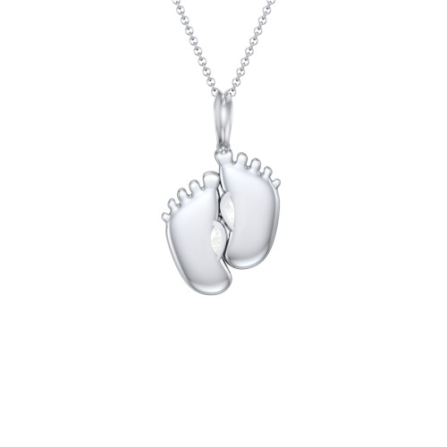 Engravable Baby Feet Two Stone Pendant – Sterling Silver with Cubic Zirconia