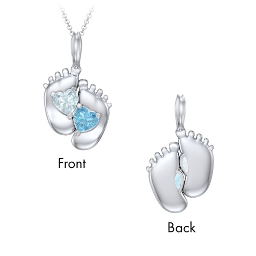 Engravable Baby Feet Two Stone Pendant – Sterling Silver with Aquamarine and Blue Topaz