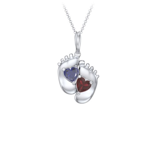 Engravable Baby Feet Two Stone Pendant – Sterling Silver with Blue Sapphire and Garnet
