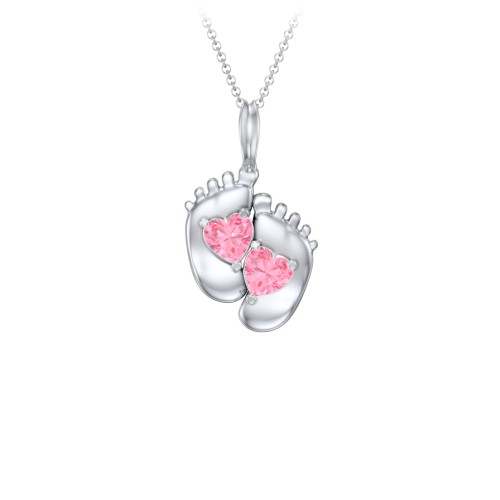 Engravable Baby Feet Two Stone Pendant – Sterling Silver with Pink Tourmaline