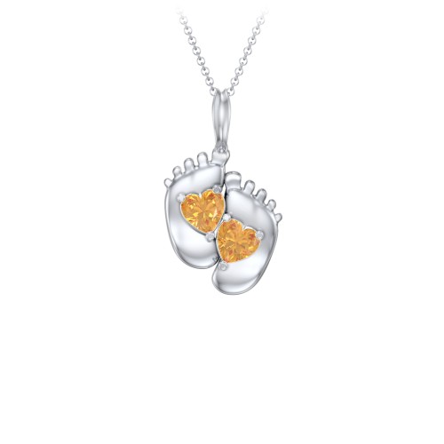 Engravable Baby Feet Two Stone Pendant – Sterling Silver with Citrine