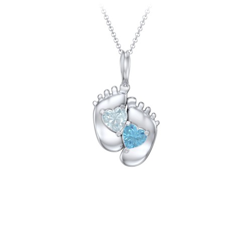 Engravable Baby Feet Two Stone Pendant – Sterling Silver with Aquamarine and Blue Topaz