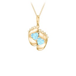 Engravable Baby Feet Two Stone Pendant in 10K Solid Yellow Gold with Blue Topaz