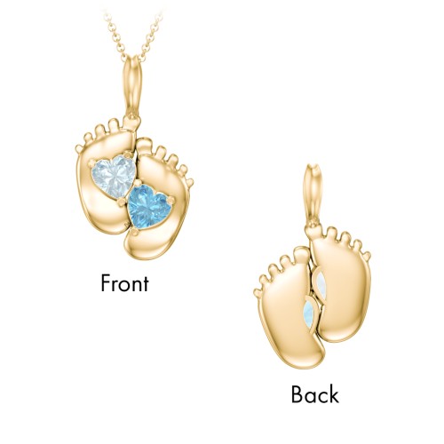 Engravable Baby Feet Two Stone Pendant – 10K Yellow Gold with Aquamarine and Blue Topaz