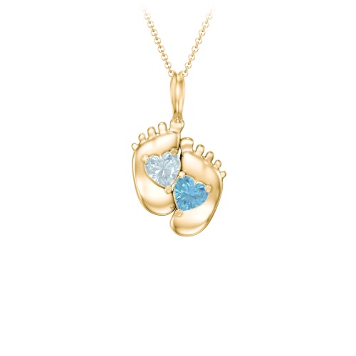 Engravable Baby Feet Two Stone Pendant – 10K Yellow Gold with Aquamarine and Blue Topaz