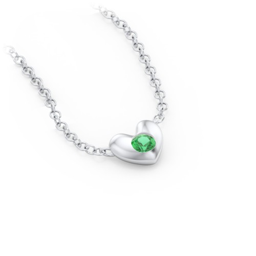 Puffed Heart Pendant with Gemstone – Sterling Silver with Emerald