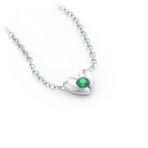 Puffed Heart Pendant with Gemstone – Sterling Silver with Emerald