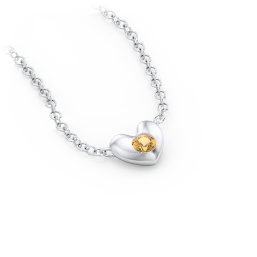 Puffed Heart Pendant with Gemstone – Sterling Silver with Citrine
