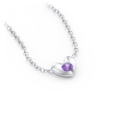 Puffed Heart Pendant with Gemstone – Sterling Silver with Amethyst