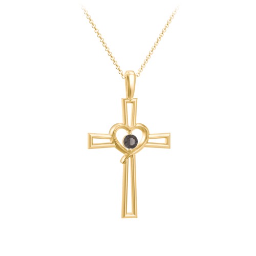 Cross and Heart Pendant with Birthstone – 18K Gold Plated Silver with Smokey Quartz