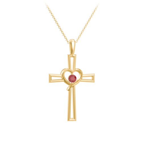 Cross and Heart Pendant with Birthstone – 18K Gold Plated Silver with Garnet