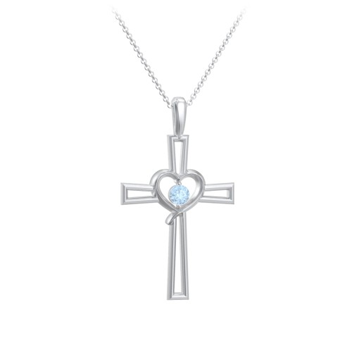 Cross and Heart Pendant with Birthstone – Sterling Silver with Blue Topaz