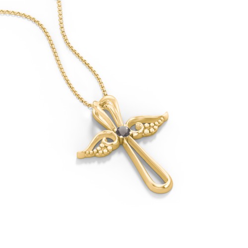 Angel Cross Pendant with Birthstone – 18K Gold Plated Silver with Smokey Quartz
