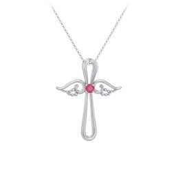 Angel Cross Pendant with Birthstone in 925 Sterling Silver with Red Premium Zirconia