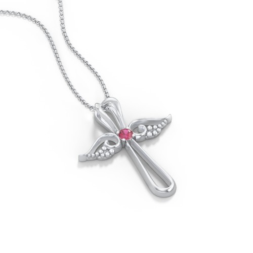 Angel Cross Pendant with Birthstone – Sterling Silver with Ruby