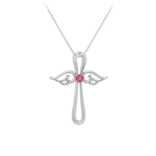 Angel Cross Pendant with Birthstone – Sterling Silver with Ruby
