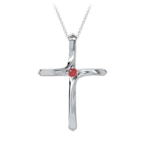 Twisted Cross Pendant with Birthstone – Sterling Silver with Garnet