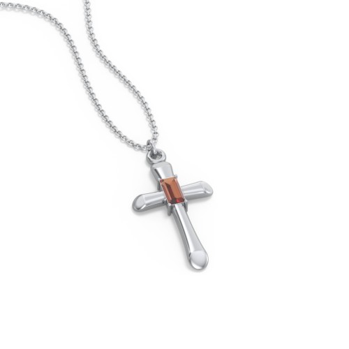 Mini Cross with Baguette Birthstone – Sterling Silver with Garnet