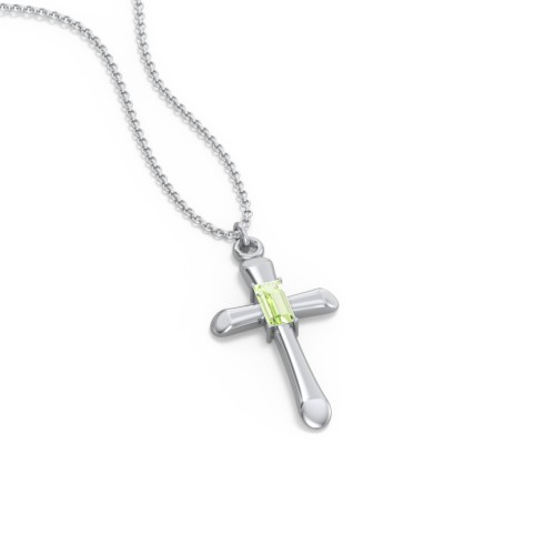 Mini Cross with Baguette Birthstone – Sterling Silver with Peridot