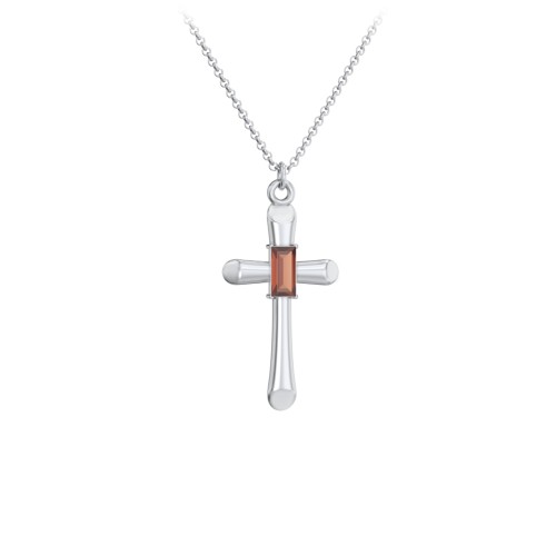 Mini Cross with Baguette Birthstone – Sterling Silver with Garnet