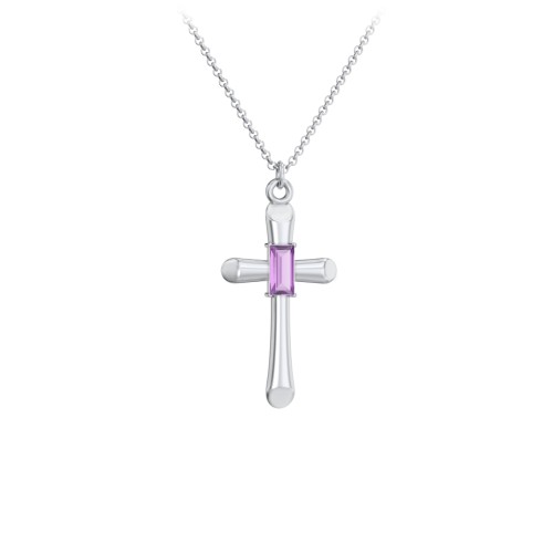 Mini Cross with Baguette Birthstone – Sterling Silver with Amethyst