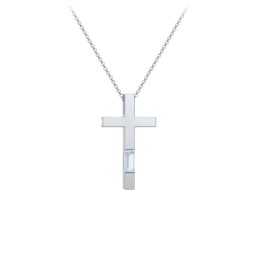 Modern Cross with Baguette Birthstone in 925 Sterling Silver with Aquamarine