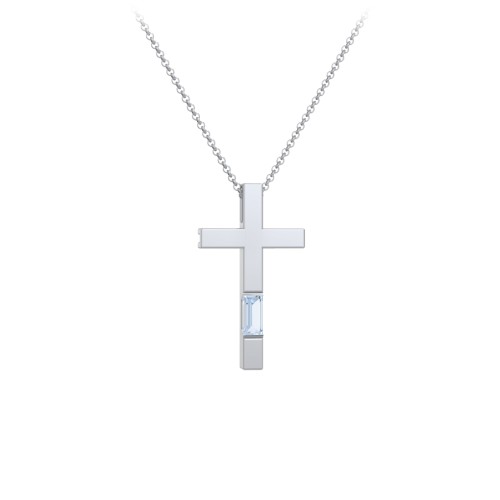 Modern Cross with Baguette Birthstone – Sterling Silver with Aquamarine