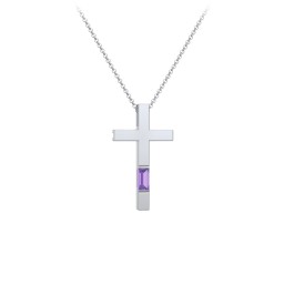 Modern Cross with Baguette Birthstone in 925 Sterling Silver with Amethyst