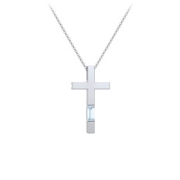 Modern Cross with Baguette Birthstone in 925 Sterling Silver with Aquamarine