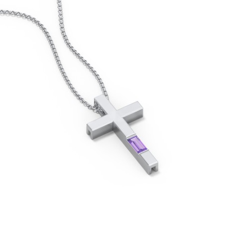 Modern Cross with Baguette Birthstone – Sterling Silver with Amethyst