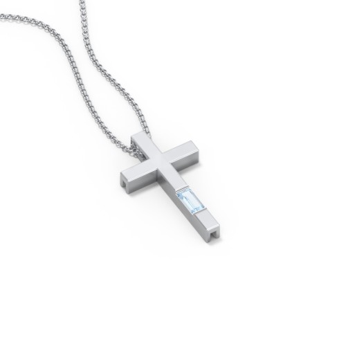 Modern Cross with Baguette Birthstone – Sterling Silver with Aquamarine