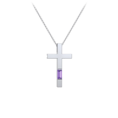 Modern Cross with Baguette Birthstone – Sterling Silver with Amethyst