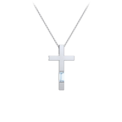 Modern Cross with Baguette Birthstone – Sterling Silver with Aquamarine