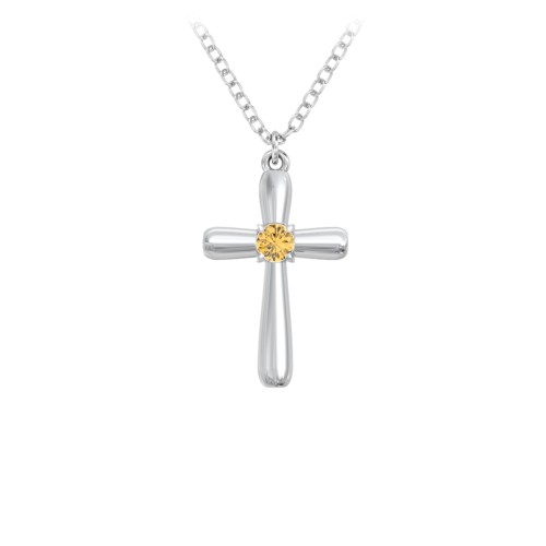 Mini Cross with Birthstone – Sterling Silver with Citrine