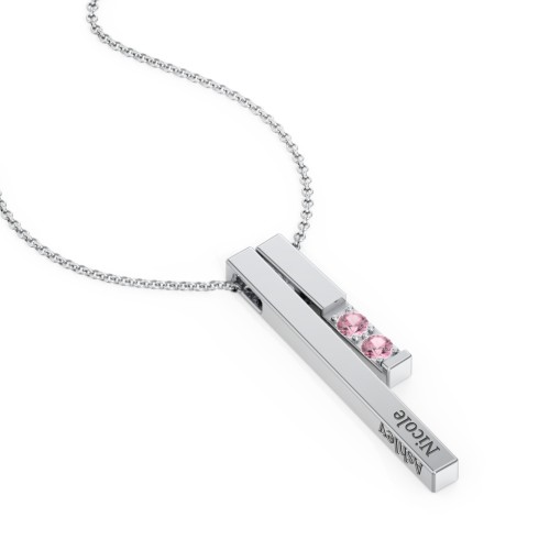 Multi Vertical 3D Bar Necklace with 1-4 Birthstones – Sterling Silver with Pink Tourmaline