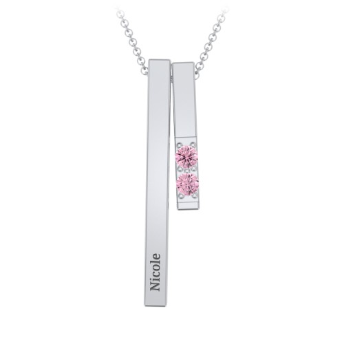 Multi Vertical 3D Bar Necklace with 1-4 Birthstones – Sterling Silver with Pink Tourmaline