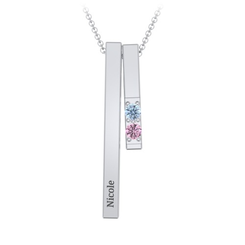 Multi Vertical 3D Bar Necklace with 1-4 Birthstones – Sterling Silver with Blue Topaz and Pink Tourmaline