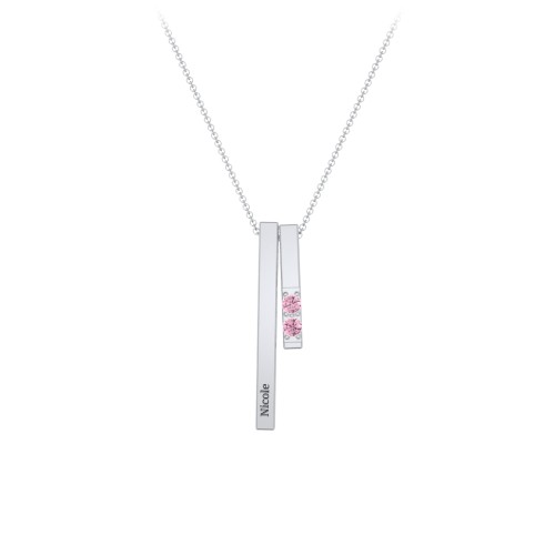 Multi Vertical 3D Bar Necklace with 1-4 Birthstones – Sterling Silver with Pink Tourmaline
