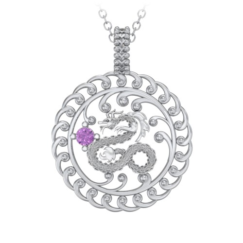 Year of the Dragon Chinese Zodiac Medallion Necklace – Sterling Silver with Amethyst