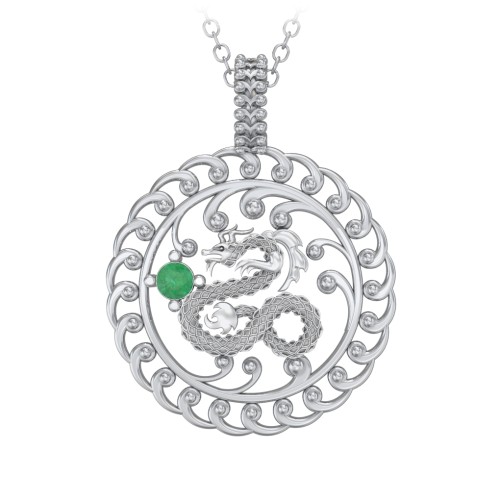 Year of the Dragon Chinese Zodiac Medallion Necklace – Sterling Silver with Emerald