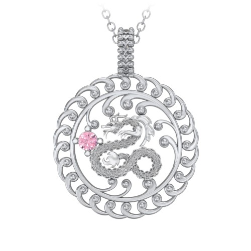 Year of the Dragon Chinese Zodiac Medallion Necklace – Sterling Silver with Pink Tourmaline
