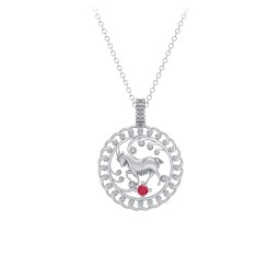 Year of the Goat Chinese Zodiac Medallion Necklace in 925 Sterling Silver with Ruby