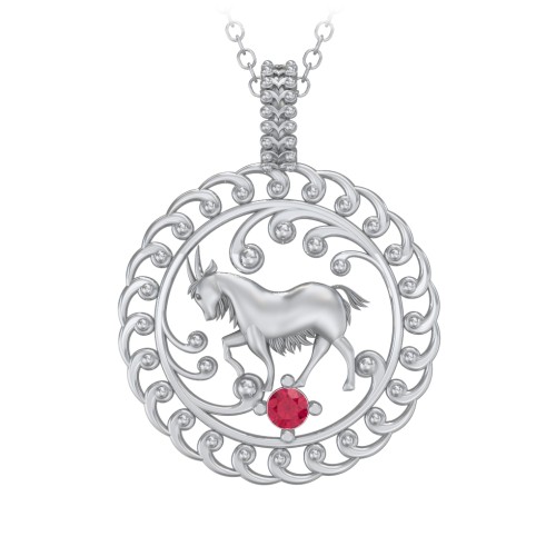 Year of the Goat Chinese Zodiac Medallion Necklace – Sterling Silver with Ruby