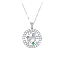 Year of the Horse Chinese Zodiac Medallion Necklace in 925 Sterling Silver with Emerald