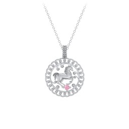 Year of the Horse Chinese Zodiac Medallion Necklace in 925 Sterling Silver with Pink Tourmaline
