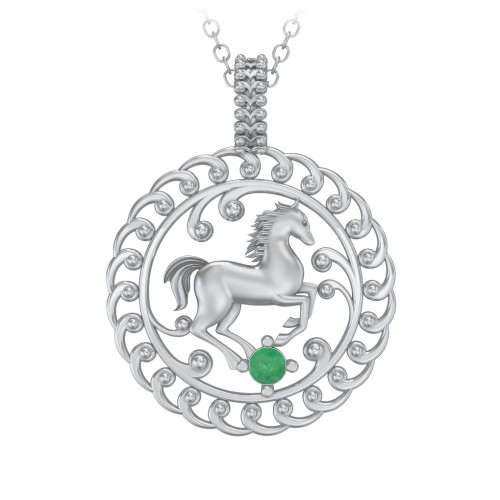 Year of the Horse Chinese Zodiac Medallion Necklace – Sterling Silver with Emerald