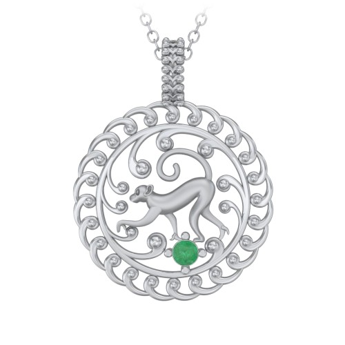 Year of the Monkey Chinese Zodiac Medallion Necklace – Sterling Silver with Emerald
